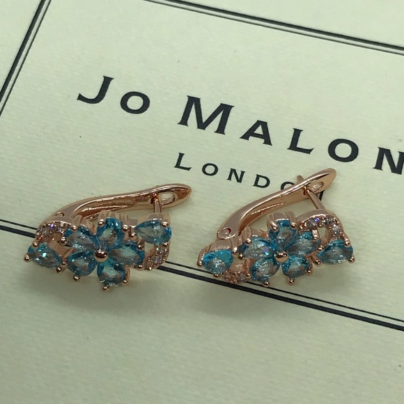 Gold Plated Blue Cubic Zircon Flower Earrings - Picture 3 of 5